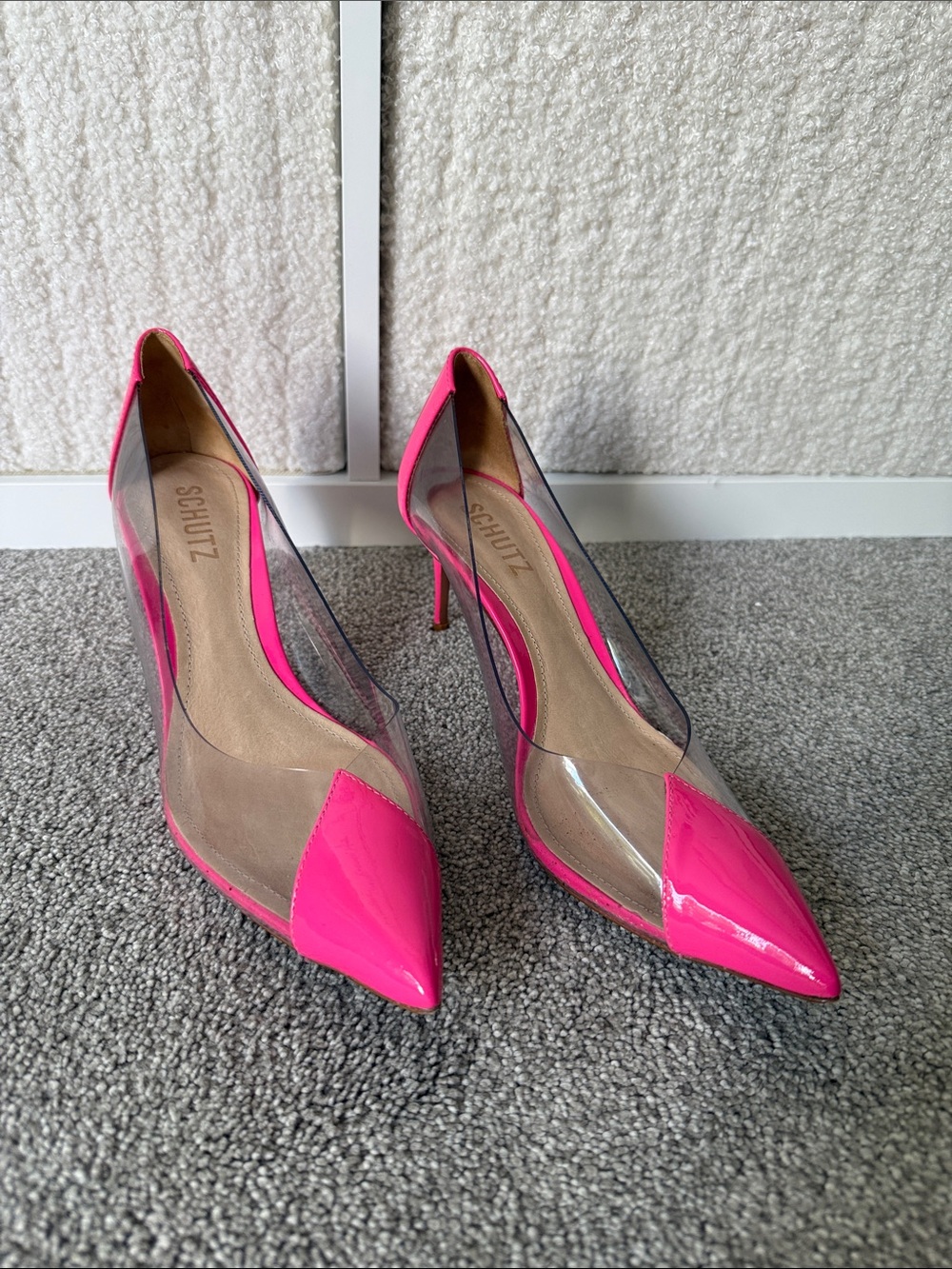 SCHUTZ Cendi Bright Pink Pointed Toe PVC Stiletto Pumps